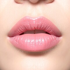 Obraz premium A close-up view of a pair of full, luscious lips slightly parted, showcasing a natural pink hue and a hint of gloss, with a soft focus on the surrounding skin.