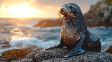 Fur Seal basking in golden sunset light on coastal rocks