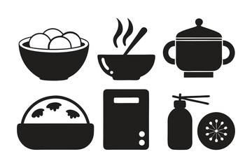 Set of food and kitchen icons, depicting bowls of food, a steaming bowl, cooking pot, cutting board, and spray bottle, presented in a black silhouette style