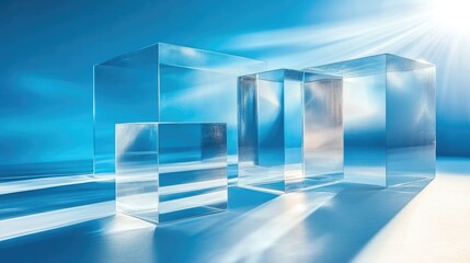 Obraz premium Clear Glass Cubes with Light Rays on Blue Background