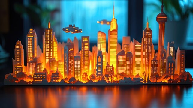 Futuristic City Papercraft Glowing at Night