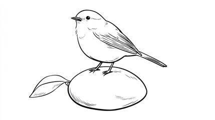 A simple black and white drawing of a bird perched on a fruit