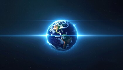 Fototapeta premium Illustration of planet Earth from space. Glowing blue atmosphere surrounds globe. Celestial body seen against starry night sky. Bright light beam crosses planet, creating glowing effect. Science,