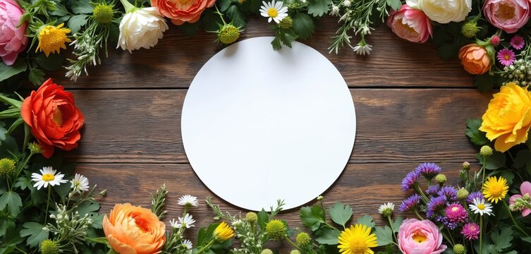 Circular white space for text rests on wooden table, framed by vibrant spring flowers. Offers blank area for business, celebration, personal messages. Mix of orange, pink, yellow, white, purple
