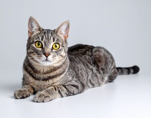 Obraz premium Close-up of a Tabby Cat with Bright Green Eyes on white background 