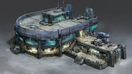 Futuristic, circular, modular building, with detailed, industrial design