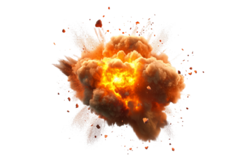 Fiery explosion with debris isolated on transparent background