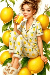 Illustration of young woman in lemon pajamas drinking juice