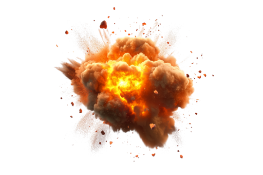 Fiery explosion with debris isolated on transparent background