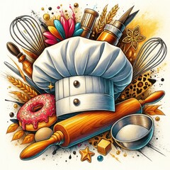 Illustration of baking utensils with chef’s hat and donuts