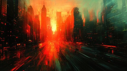 Impasto Painting of a Red City at Sunset