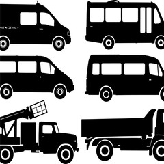 Six black silhouettes of vehicles presented in two clean horizontal rows on a white background. The top row includes an emergency van labeled "EMERGENCY," a multi-window minibus, and a plain cargo van