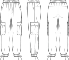 Technical flat sketch of men’s cargo jogger pants with side pockets, drawstring hem, front, side, and back view, vector fashion design template illustration