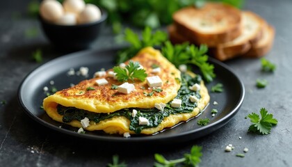 Savory spinach, feta omelette served with toasted sourdough bread. Delicious, healthy breakfast features fresh eggs, wilted spinach, crumbly feta cheese, garnish of parsley. Perfect for morning