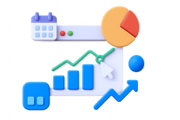 Transparent PNG of Data Analysis Icons: Calendar, Pie Chart, Line & Bar Graphs, Upward Arrow, and Cursor – Stylized Visuals for Business Metrics & Analytics Design
