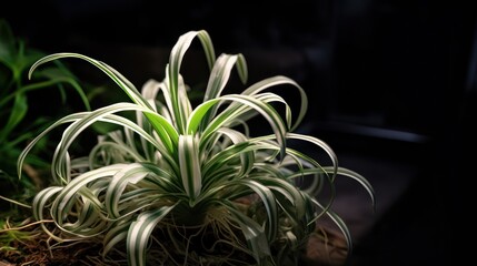 airplant, tropical plant, epiphytic plant, nature, green leaves, unique plant, botanical, natural texture, dark background, dramatic lighting, close-up shot
