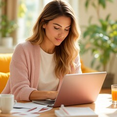 Smiling young woman studying at home with notebook and laptop