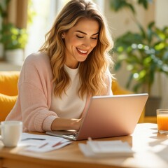 Smiling young woman studying at home with notebook and laptop