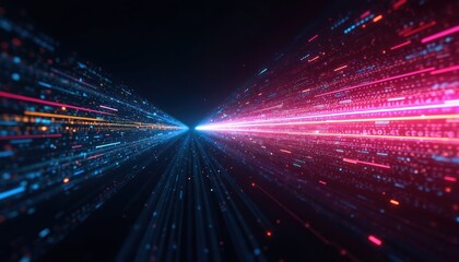 Vibrant digital data stream with glowing blue, pink lines, representing fast information transfer, technology. Abstract futuristic concept shows binary code, light streaks, progress, cyber networks.