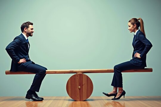 of gender equality in the workplace as symbolized by a perfectly balanced seesaw photo with a man and a woman.