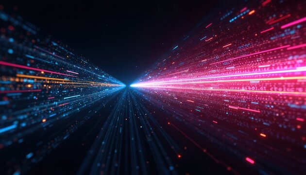 Vibrant digital data stream with glowing blue, pink lines, representing fast information transfer, technology. Abstract futuristic concept shows binary code, light streaks, progress, cyber networks. - Powered by Adobe
