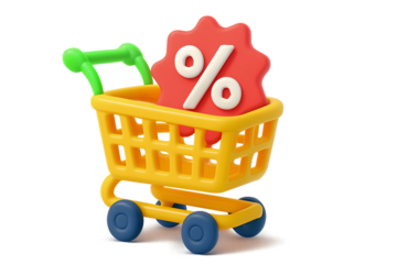 Transparent PNG of Yellow Shopping Cart with Red Percentage Starburst – Flat Icon Representing Retail Discounts, Special Offers & Promotional Sales