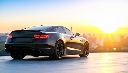 Fototapeta premium Sleek black sports coupe parked on a rooftop, silhouetted against a stunning golden sunset over a sprawling city skyline.