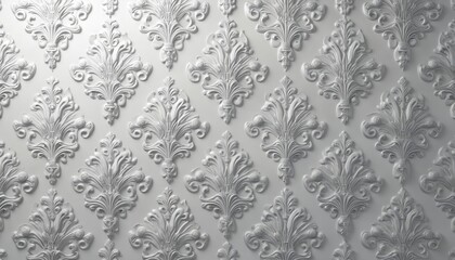 Elegant silver filigree damask pattern with floral and arabesque motifs. Textured antique wallpaper design features ornate, classic, symmetric scroll repeat creating a vintage feel.