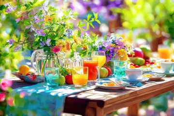 Garden Breakfast in Summer Morning