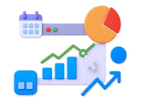 Transparent PNG of Business & Data Analysis Icons: Calendar, Pie Chart, Line Graph, Bar Chart & Upward Arrow – Stylized Elements for Metrics, Growth & Visualization Design