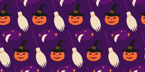 Hand Drawn Halloween Pumpkin in Witch Hat Crescent Clouds Stars and Brooms Seamless Pattern Banner