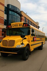 Yellow school bus parked in front of a modern educational building