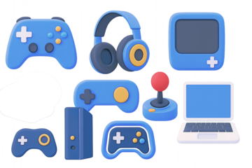 Transparent PNG of Gaming & Electronics Icons: Game Controllers, Headphones, Monitor, Joystick & Laptop – Stylized Blue Theme for Tech, Entertainment & UI Bundles
