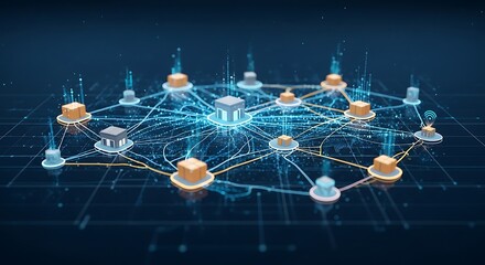 Abstract network connection with nodes and lines representing digital data flow