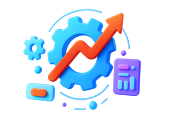 Transparent PNG of Business Growth Elements: Blue Gear with Upward Arrow, Toggle Switch & Calculator Panel – Flat Design Symbols of Productivity & Improvement