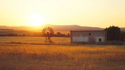 Golden sunset over a field with a windmill and old building