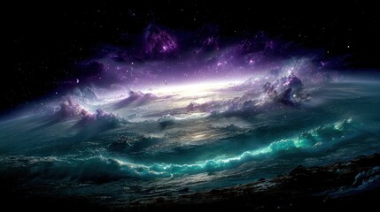 Fototapeta premium Alien planet, vibrant nebulae, swirling clouds