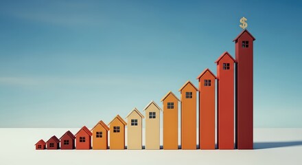 3D bar graph of colorful houses symbolizing rising housing market prices and property investment