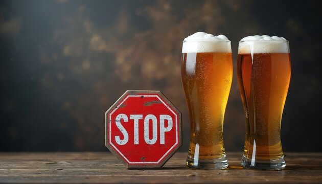 Two glasses of frothy amber beer stand next to a red stop sign. This image symbolizes responsible drinking and alcohol moderation awareness, promoting a healthy lifestyle choice. - Powered by Adobe
