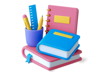 Transparent PNG of School Supplies: Stacked Books, Spiral Notebook, Pencil Cup with Ruler & Pencils – Vibrant, Flat Design for Education & Academic Content