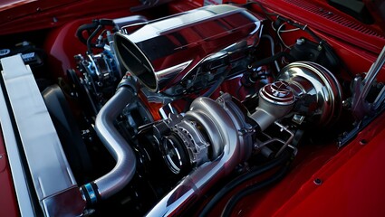 Close up view of a powerful muscle car engine with chrome parts and red paint detail showcasing high performance automotive engineering