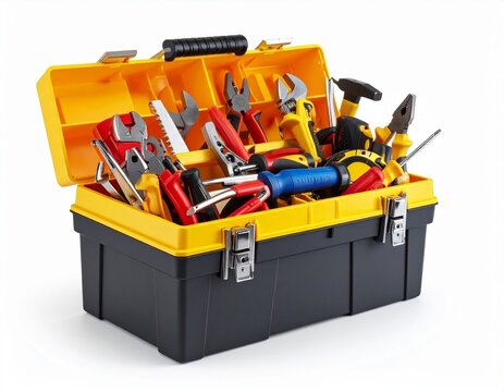 Open Yellow and black Toolbox Full of Various Hand Tools on white background 