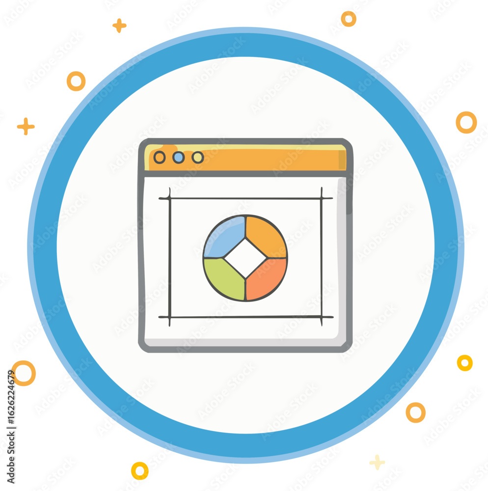 Poster hand drawn web browser window with colorful pie chart for data analysis and statistics illustration