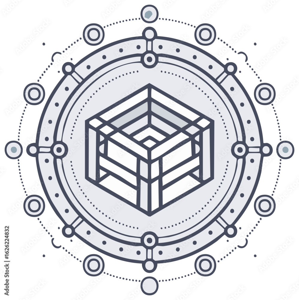 Poster Isometric cube framework inside a complex circular sigil or futuristic network diagram