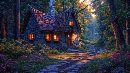 Enchanted forest cottage at dusk