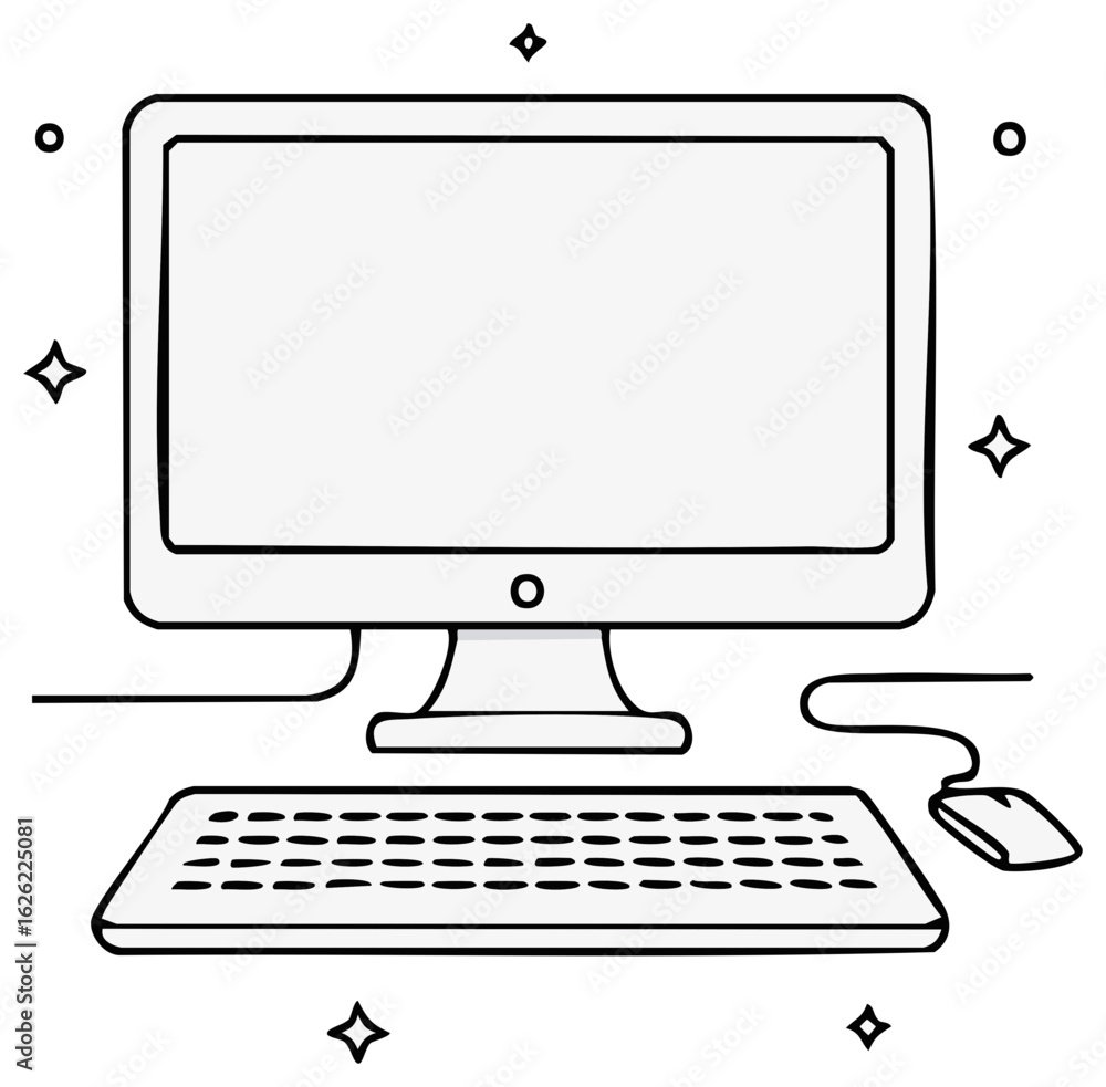 Poster illustrated computer desktop with keyboard and mouse for graphic design or technology concepts