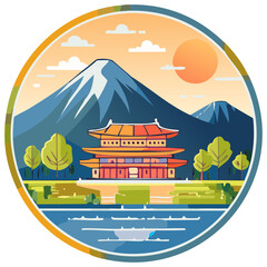 Fototapeta premium Stylized Asian pagoda temple and majestic snow mountain landscape with lake and trees