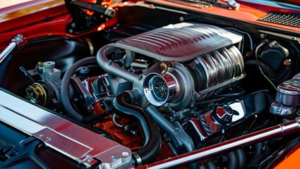 Detailed view of a powerful car engine with turbocharger highlighting automotive engineering and high performance car technology