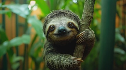 Fototapeta premium Adorable Baby Sloth Climbing on Tree Branch in Jungle