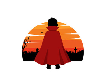 Boy in red cape looking at sunset over graveyard landscape  